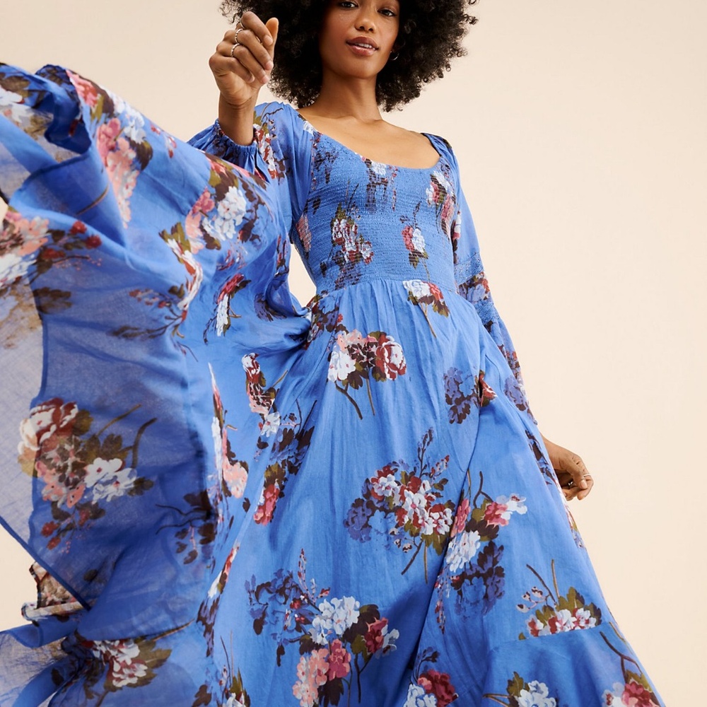 Free People Blue Floral Morning Glory Smocked Maxi Dress